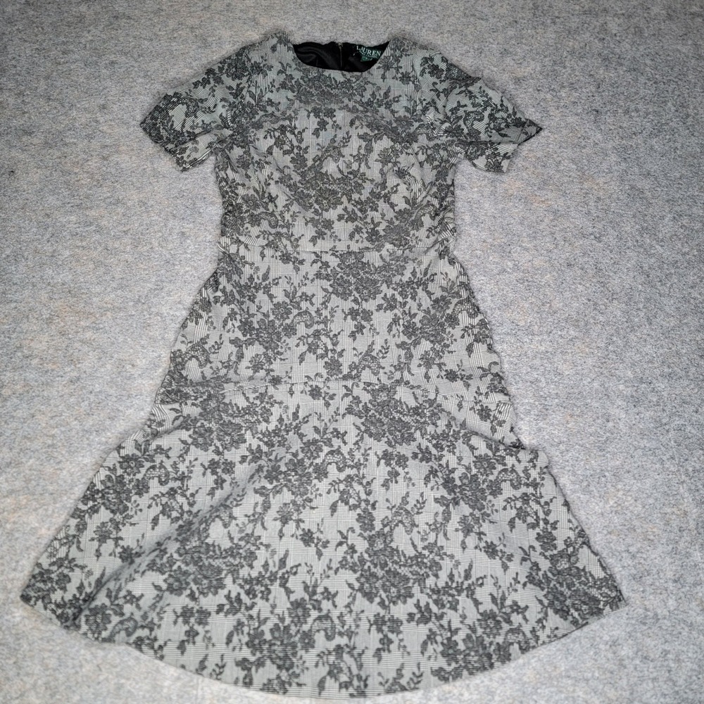Lauren Ralph Lauren‎ Black Floral Plaid Fit & Flare Dress Size 0 - Picture 2 of 7